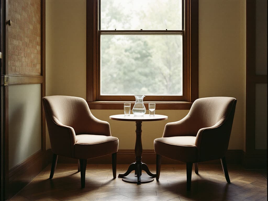 Two upholstered chairs facing each other at a small round table by a tall, sunlit window