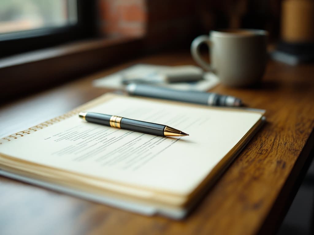 A pen resting on a cream folder of documents on a wooden desk by a window