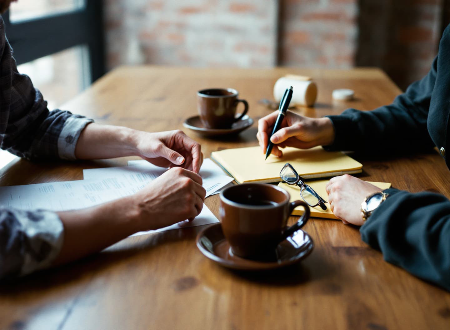 Two people's hands across a wooden table, one pointing with a pen at a document, beside coffee cups and a legal pad