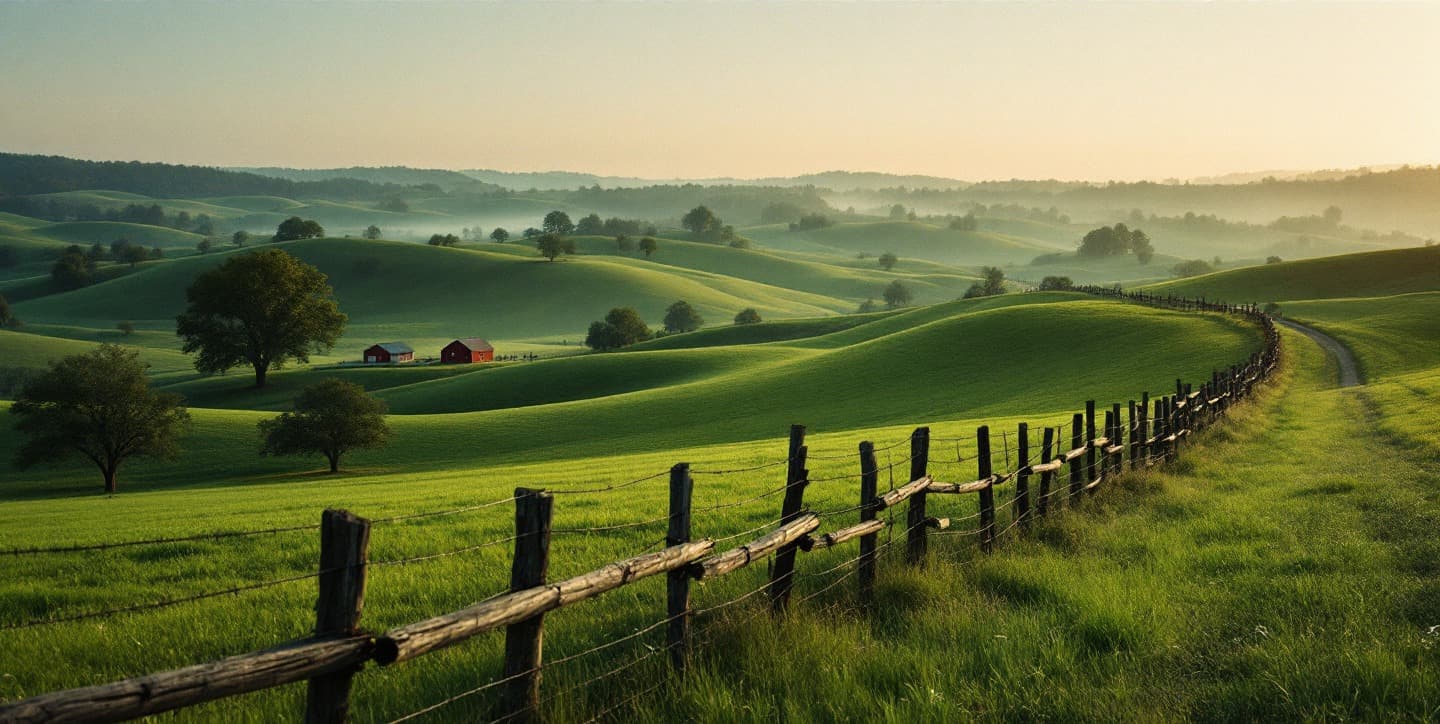 Rolling green hills and a wooden fence line in the Middle Tennessee countryside at golden hour
