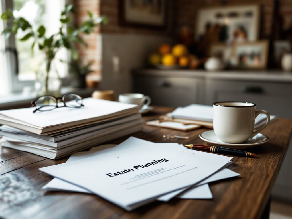 Estate planning papers, reading glasses and a cup of coffee on a wooden kitchen table in morning light