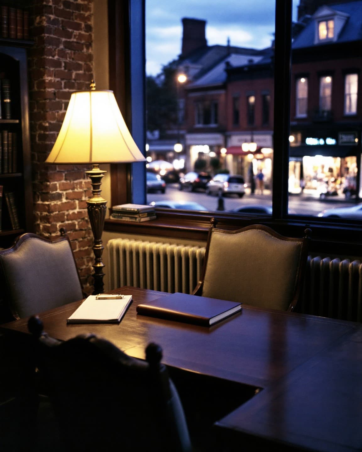 A small-town law office at dusk: a lamp glowing on a wooden desk with a legal pad and folder, two client chairs, and a window onto a lit brick main street