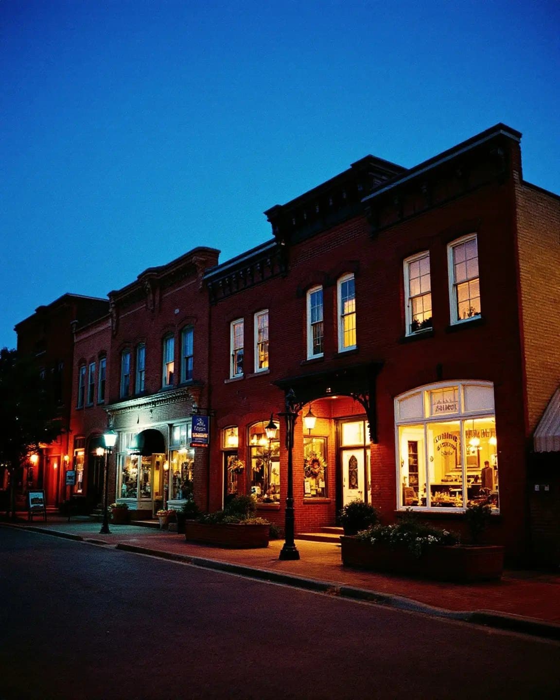Restored red brick storefronts on a small-town main street at dusk, shop windows and upstairs windows lit warm under a deep blue sky