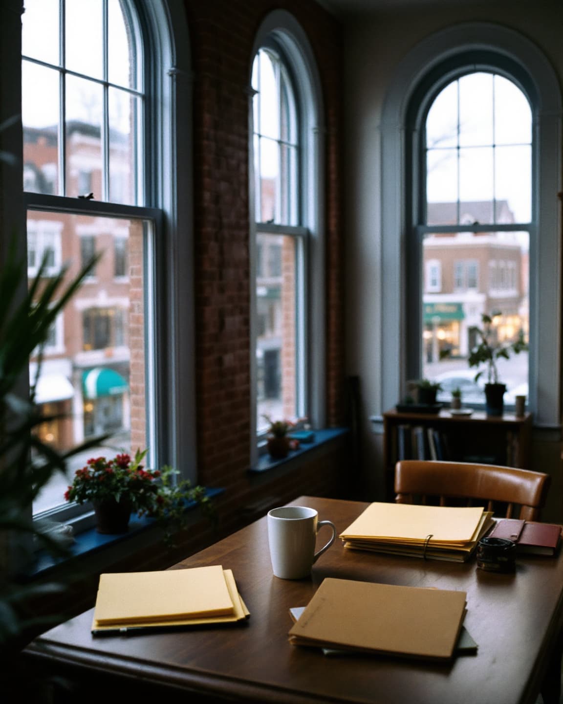 A second-floor office with tall arched windows over a brick main street, a wooden desk with folders and a coffee mug in afternoon light